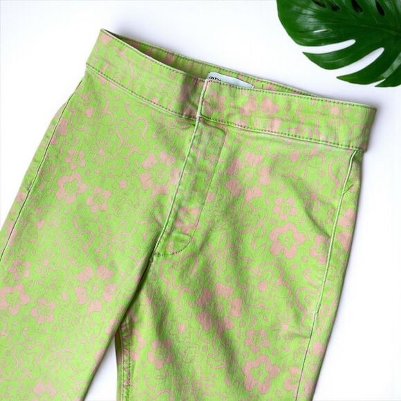 Zara 70's Retro Lime Green Mod Floral Print Flare Jeans - Picture 5 of 10